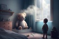 a child's room, with puffs of smoke coming from the window, and a teddy bear sitting at the window