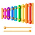 Child xylophone with eight different colored metal plates