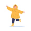 Child in a yellow raincoat runs in the rain.