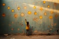 Child, yellow sun on the wall, moment of hope, happiness and inspiration, positive emotion, self esteem and mental health