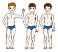 Child young teen boys group standing in blue underwear. Vector d