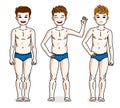 Child young teen boys group standing in blue underwear. Vector d