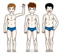 Child young teen boys group standing in blue underwear. Vector d