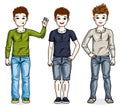 Child young teen boys group standing wearing different casual cl