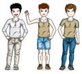 Child young teen boys group standing wearing different casual