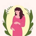 Childbirth and parenthood concept. The expectant mother hugs her stomach with her hands. Modern banner about happy Royalty Free Stock Photo