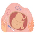 Childbirth pregnancy concept vector illustration. Embryo, man and woman simbols, fertility test in flat design