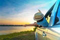 Childern are playing on the lake at sunset. People have fun on the field. People have fun on the field. Royalty Free Stock Photo