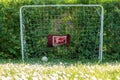 childerns soccer goal with ball and sign of German league. ball in the goal, green meadow