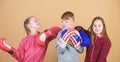 Childhood activity. Sport success. Team fight. workout of small girls and boy boxer in sportswear. Happy children in Royalty Free Stock Photo