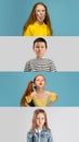 Art collage made of portraits of little and happy kids isolated on color studio background. Human emotions, facial
