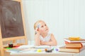 Childhood and back to school concept. Girl with thoughtful face expression Royalty Free Stock Photo