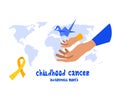 Childhood cancer day or awareness month poster. Hands Holding origami crane like hope symbol. Help and support concept.