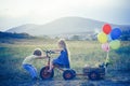 Childhood concept. American farm life. Springtime on the ranch. Two young farmers. Childhood on countryside. Active