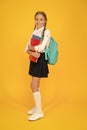 childhood development. school girl wear uniform. pretty little girl ready to study. back to school. education online