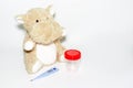 Childhood diseases concept, a teddy hippo with means for treatment fever, pain flu cough and sore throat, copy space