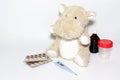 Childhood diseases concept, a teddy hippo with means for treatment fever, pain flu cough and sore throat, copy space