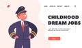 Childhood Dream Jobs Landing Page Template. Little Boy Wear Pilot Costume. Preteen Baby Character Choose Profession