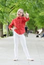 Childhood is exceptionally wonderful. Adorable small child gesturing thumbs up for playing outdoor. Childhood activity Royalty Free Stock Photo