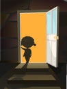 Childhood fear. A little girl peers into a dark room through an open door. Night. Steps to basement. Illustration for