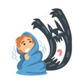 Childhood Fear with Scary Monster Frightening Little Boy Covered with Blanket Vector Illustration