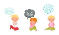 Childhood fears and dreams set. Cute kid with speech bubbles over their heads cartoon vector illustration