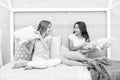 Childhood friendship concept. Girls happy best friends sleepover domestic party. Sleepover time for fun gossip story Royalty Free Stock Photo