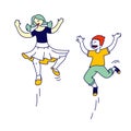 Childhood, Fun and Motion Concept. Happy Children Jumping on White Background. Little Boy and Girl Happily Playing