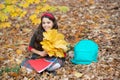 childhood happiness. back to school. kid with notebook. fall season fashion. teen girl Royalty Free Stock Photo