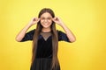 childhood happiness. being so stylish in glasses. nerd. wearing uv protective. happy teen girl wear glasses because of Royalty Free Stock Photo