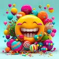 Childhood happiness 3d composition with smile, emoji, lollipops, sweets emotions