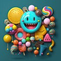 Childhood happiness 3d composition with smile, emoji, toys, bright baloons, objects and emotions