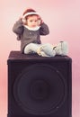 Childhood and happiness. kid listen music with headset and mp3 on phone. small happy girl. audio speaker. little girl Royalty Free Stock Photo