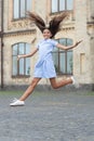 childhood happiness of smiling teen girl. childhood happiness of teen girl outdoor Royalty Free Stock Photo