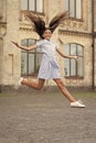 childhood happiness of smiling teen girl. childhood happiness of teen girl outdoor Royalty Free Stock Photo