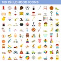 100 childhood icons set, flat style