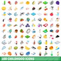 100 childhood icons set, isometric 3d style