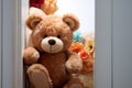 Childhood joy Cute teddy bear hides behind white wooden door