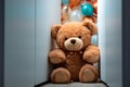 Childhood joy Cute teddy bear hides behind white wooden door