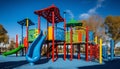 Childhood joy playing on multi colored playground equipment generated by AI