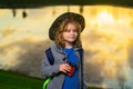 Childhood. Kid with binoculars hiking at nature. Little explorer. Outdoor recreation and adventures with kids. Child Royalty Free Stock Photo