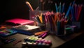 Childhood learning colorful desk with paper, pencils, crayons, and paint generated by AI