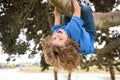 Childhood leisure. Happy kids hanging upside down on tree and having fun in summer park. Monkeying Around.