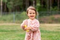 happy baby girl with soap bubble blower in summer Royalty Free Stock Photo