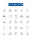 Childhood line icons signs set. Design collection of Infancy, Youth, Adolescence, Kids, Playtime, Education, Growing