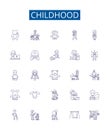 Childhood line icons signs set. Design collection of Infancy, Youth, Adolescence, Kids, Playtime, Education, Growing