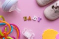 Childhood, love, care, hygiene, infants, - set of Necessary things stuff for newborn, shoes, pacifier, toy, bottle Royalty Free Stock Photo