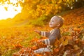 Childhood memories. Child autumn leaves background. Warm moments of autumn. Toddler boy blue eyes enjoy autumn. Small Royalty Free Stock Photo