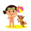 Childhood Memories. Cute Summer Girl Cartoon Vector. Girl Playing Ball With A Dog. Royalty Free Stock Photo