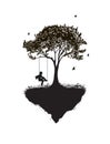 Childhood memories, piece of childhood, boy on swing, park fantasy scene in black and white, tree on flying rock,